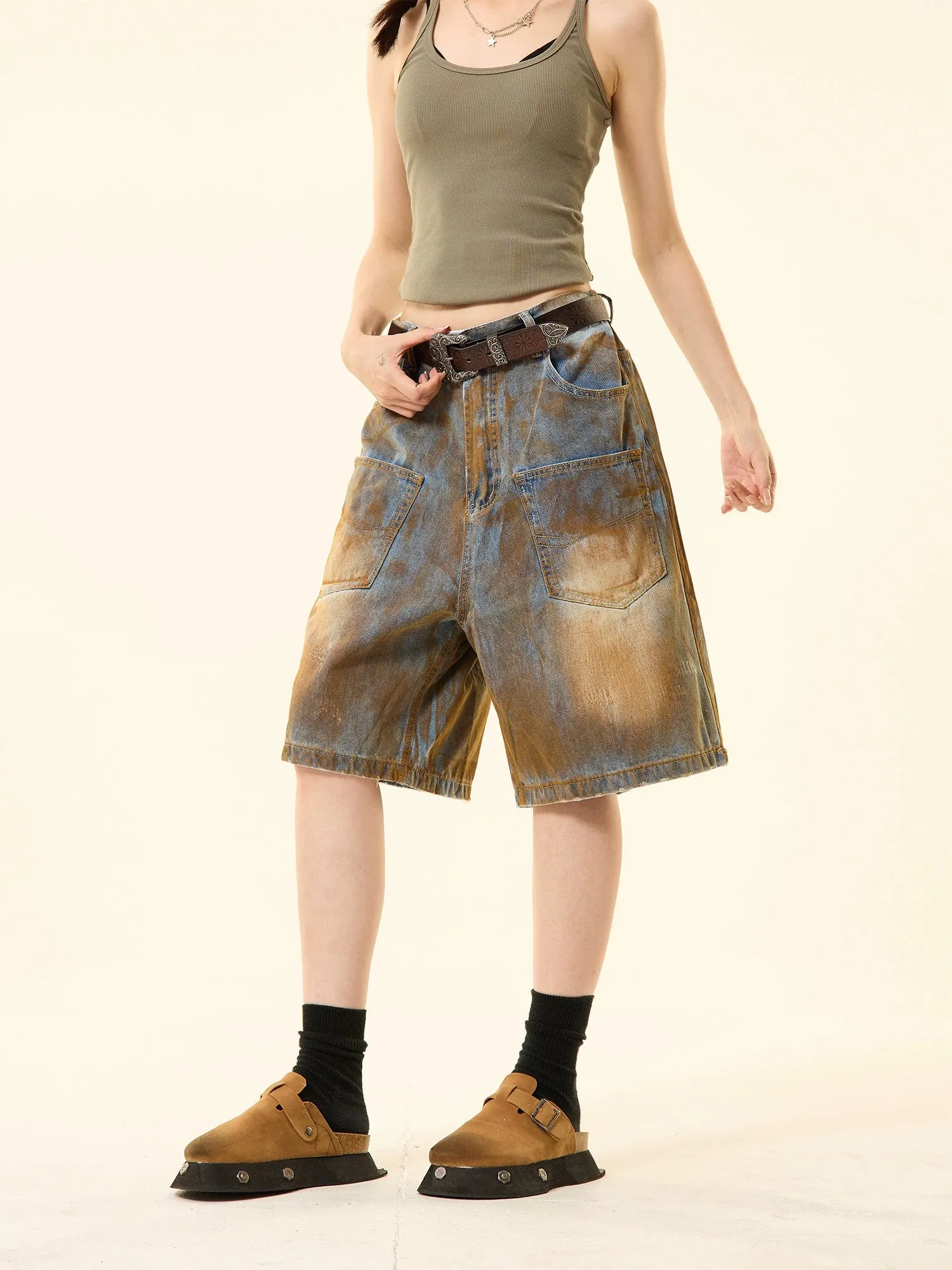 Sandblast Denim Bermuda Shorts with Oversized Pockets