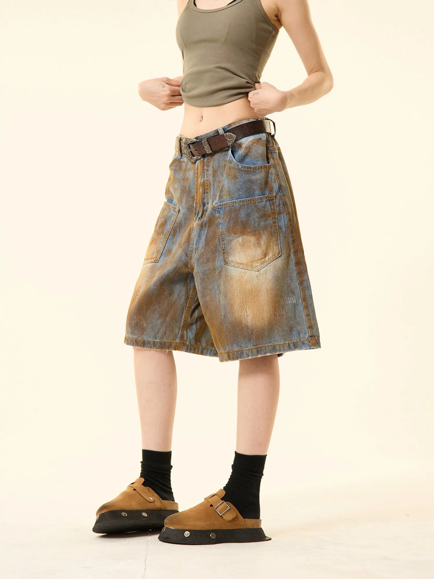 Sandblast Denim Bermuda Shorts with Oversized Pockets