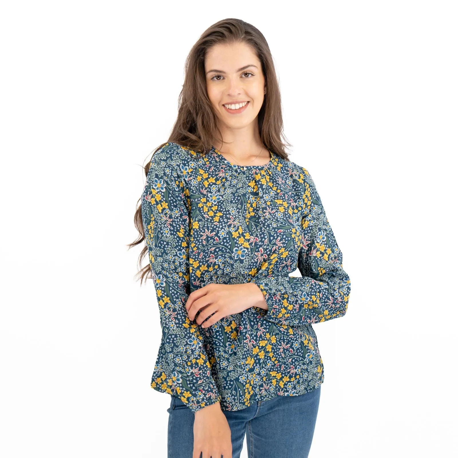 Seasalt Cloud Drift Floral Gardens Blue Blouse Long Sleeve Lightweight Tops