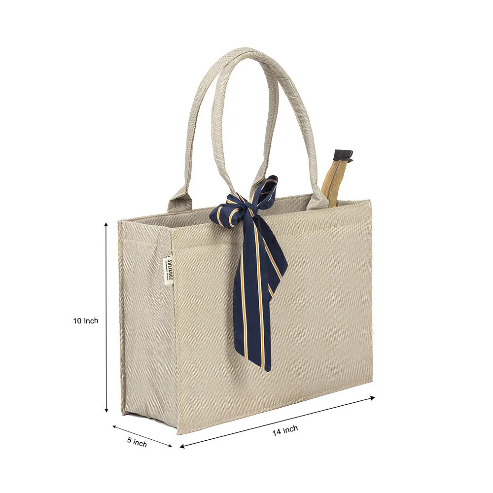 Self-Printed Off-White Tote Bag with Blue Knot Accent – Versatile and Chic