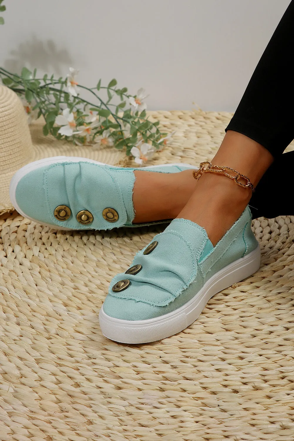 Sky Blue Button Decor Round Toe Distressed Flats