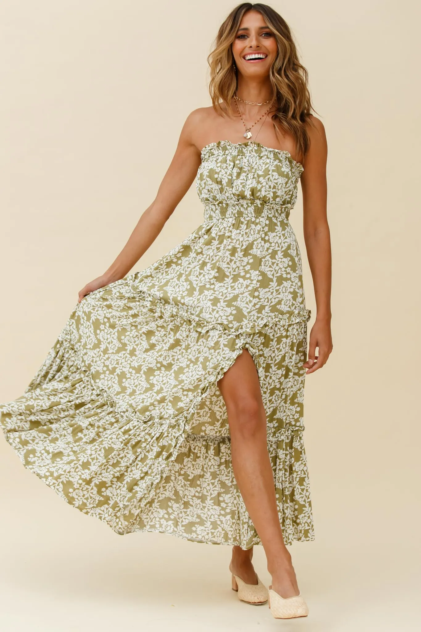 Take Me Away Strapless Maxi Dress Floral Print Green