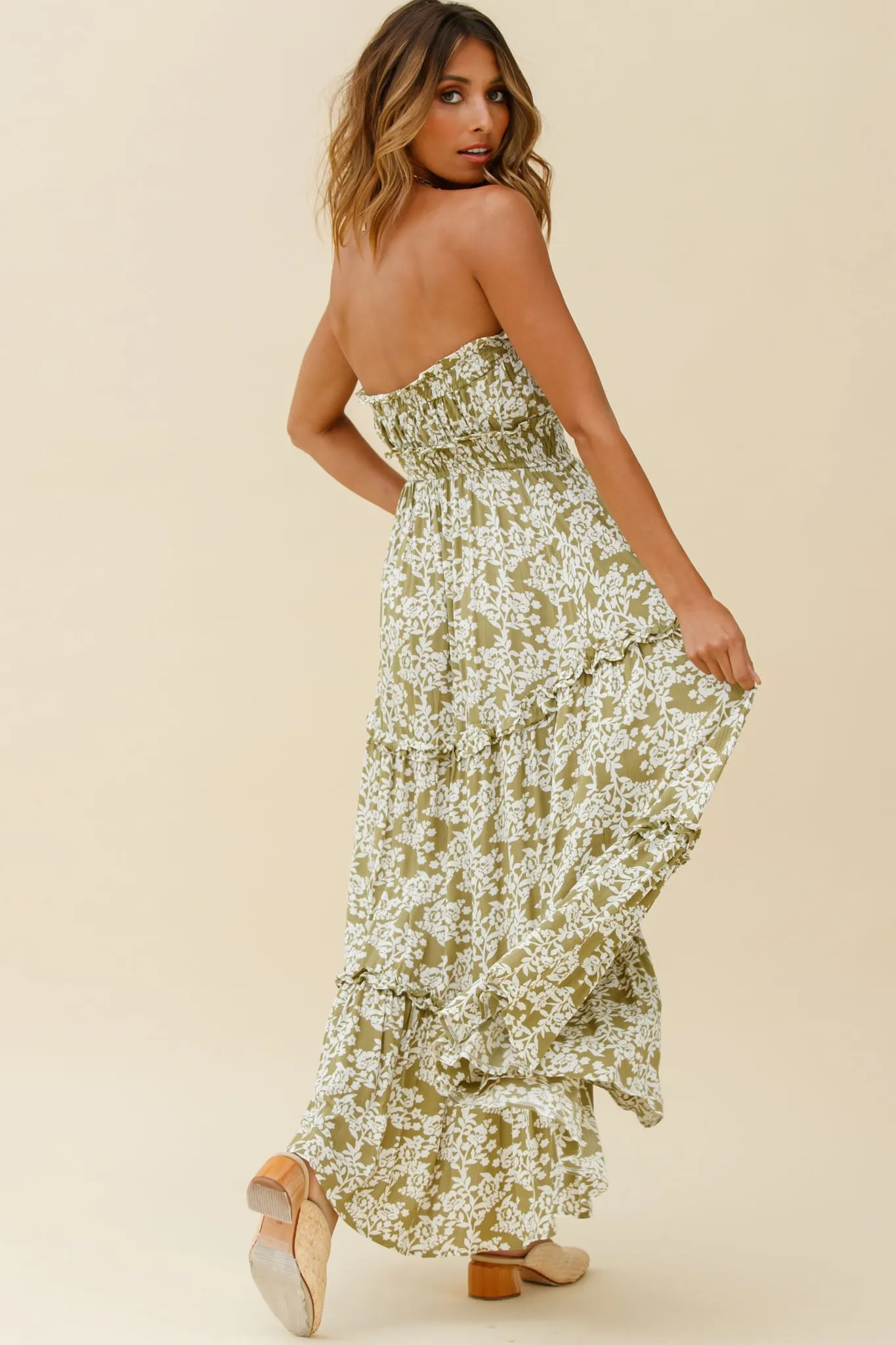 Take Me Away Strapless Maxi Dress Floral Print Green