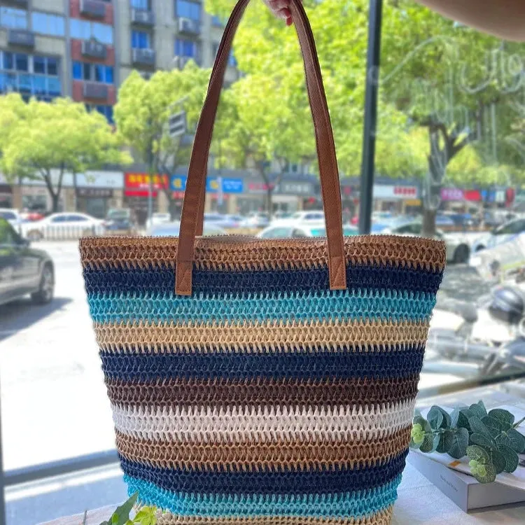 Versatile Shoulder Stripes Paper Straw Woven Bag