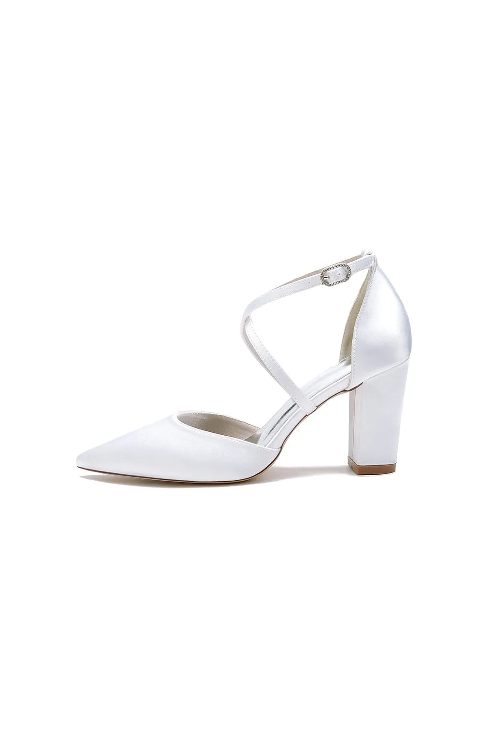 White Satin Pump with Cross-Strap and Metal Accent