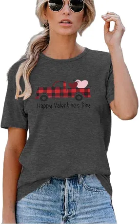 Women Buffalo Plaid Heart Truck Happy Valentine's Day T-Shirt