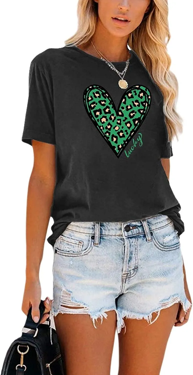 Women Cheetah Heart Lucky T-Shirt St Patricks Day Shirt