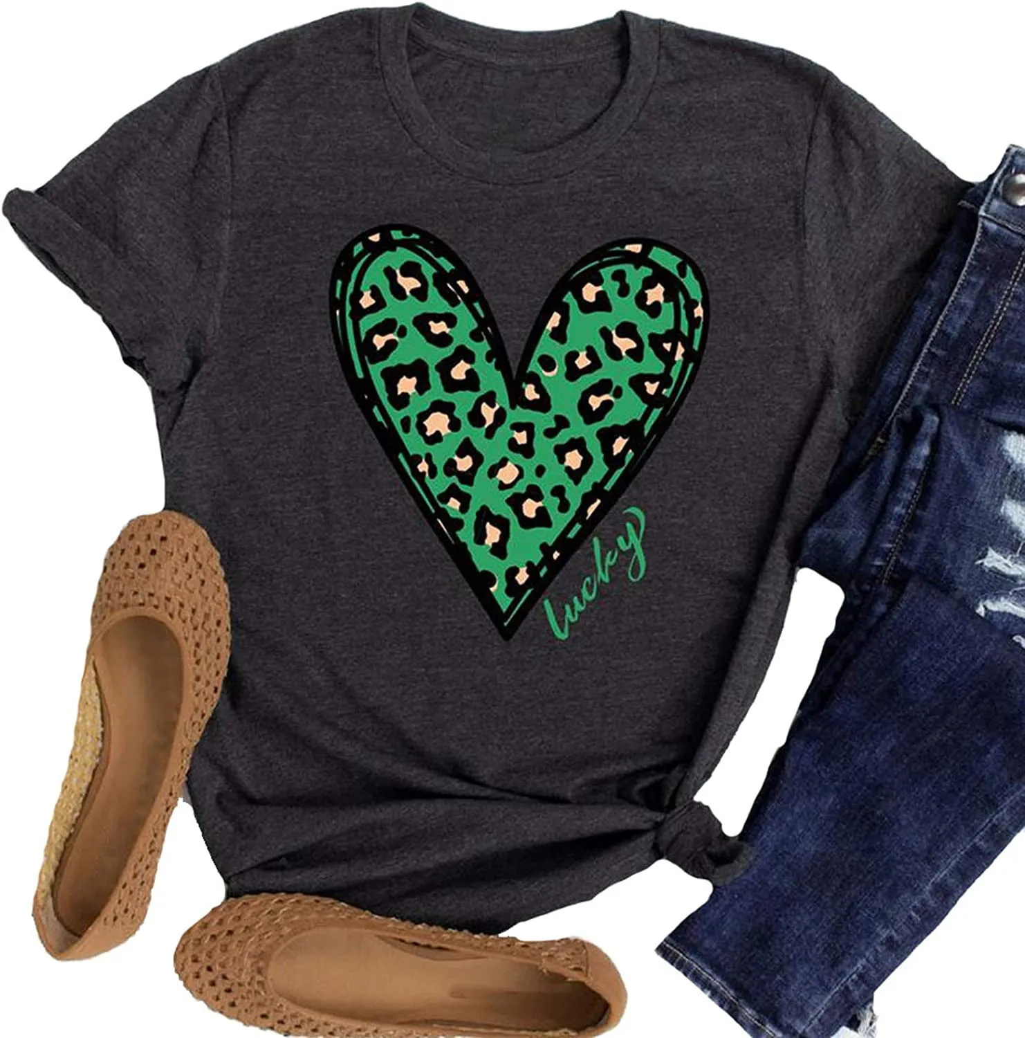 Women Cheetah Heart Lucky T-Shirt St Patricks Day Shirt