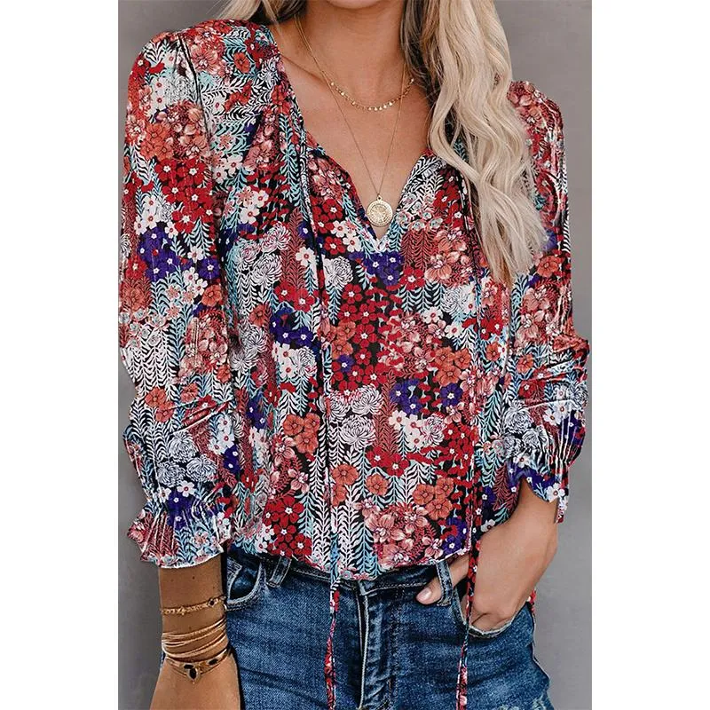 Women flower printed lantern long sleeve v neck tops