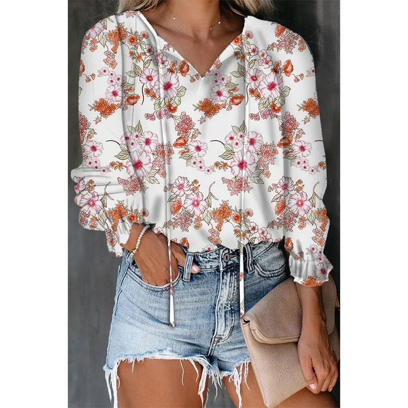 Women flower printed lantern long sleeve v neck tops