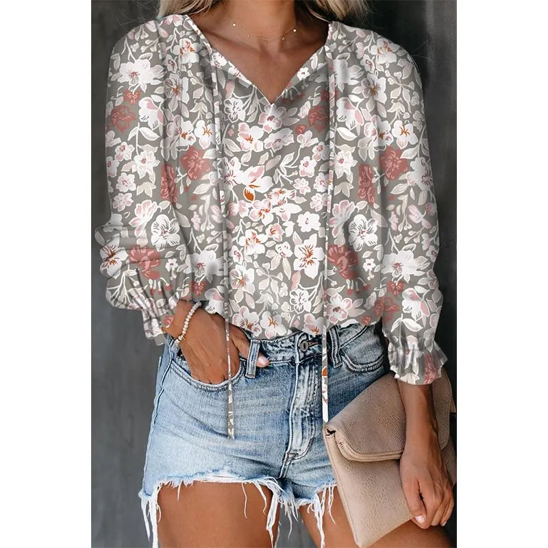 Women flower printed lantern long sleeve v neck tops