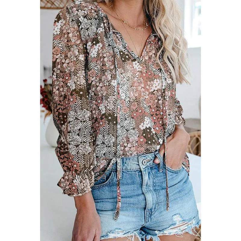 Women flower printed lantern long sleeve v neck tops