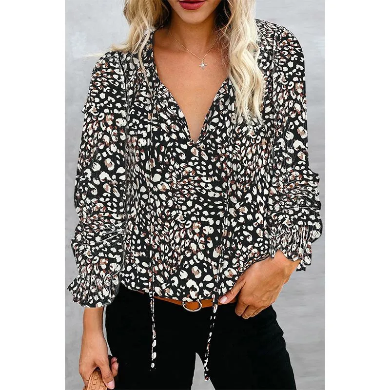 Women flower printed lantern long sleeve v neck tops