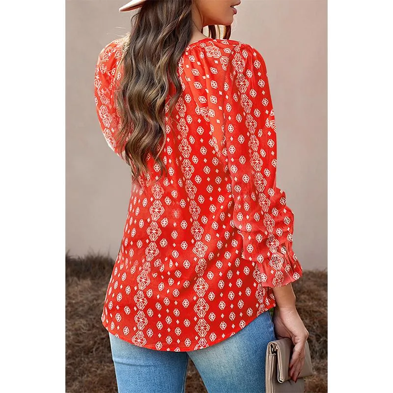 Women flower printed lantern long sleeve v neck tops