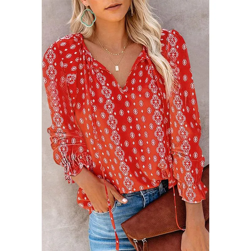 Women flower printed lantern long sleeve v neck tops