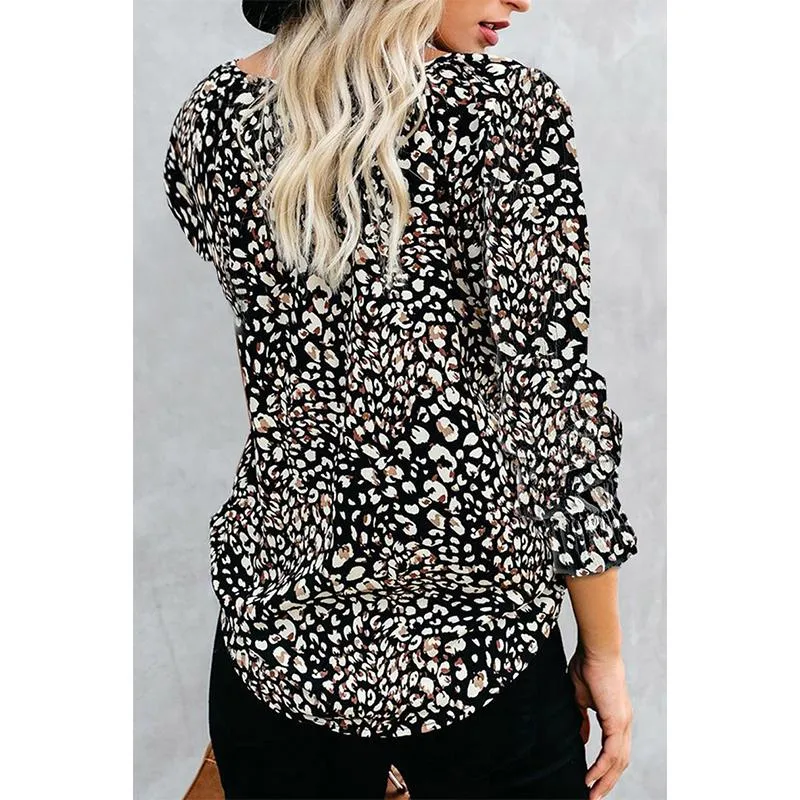 Women flower printed lantern long sleeve v neck tops