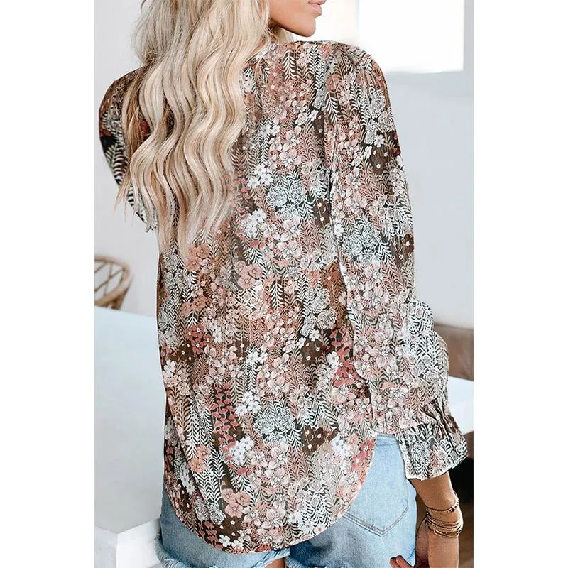 Women flower printed lantern long sleeve v neck tops