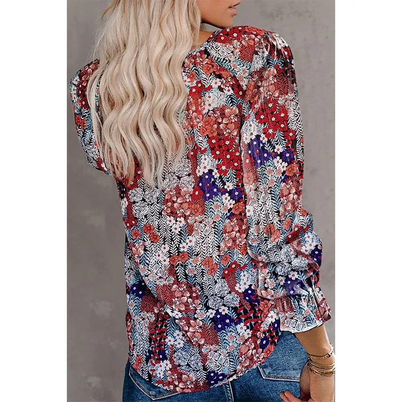 Women flower printed lantern long sleeve v neck tops