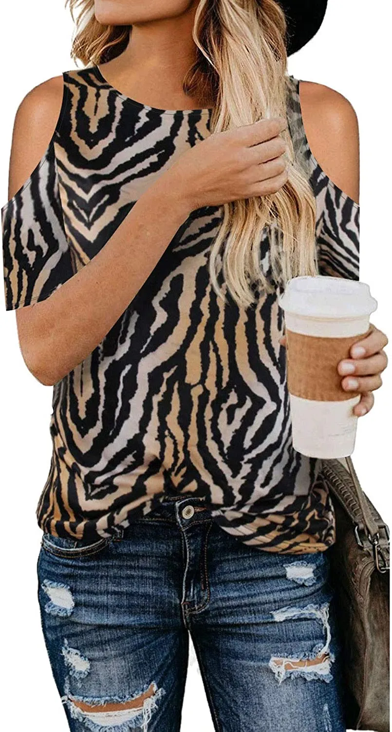 Women Leopard Print Cheetah Print Zebra Pattern Cold Shoulder T-Shirt Leopard Tunic Shirt