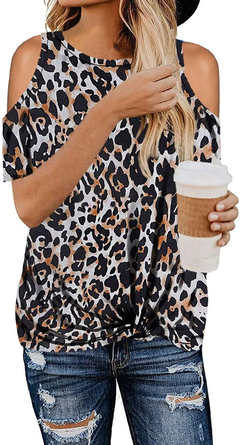 Women Leopard Print Cheetah Print Zebra Pattern Cold Shoulder T-Shirt Leopard Tunic Shirt