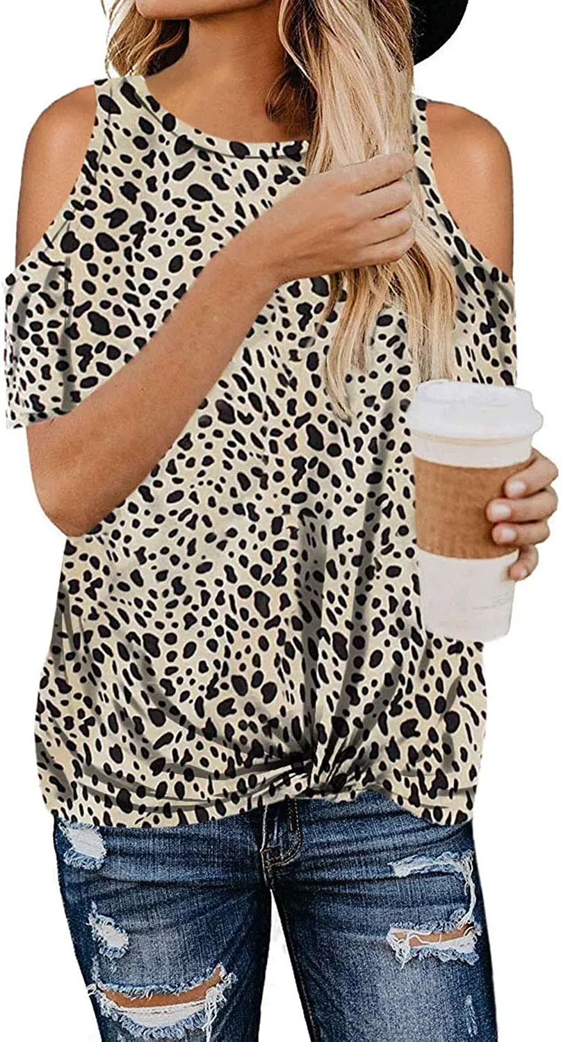 Women Leopard Print Cheetah Print Zebra Pattern Cold Shoulder T-Shirt Leopard Tunic Shirt