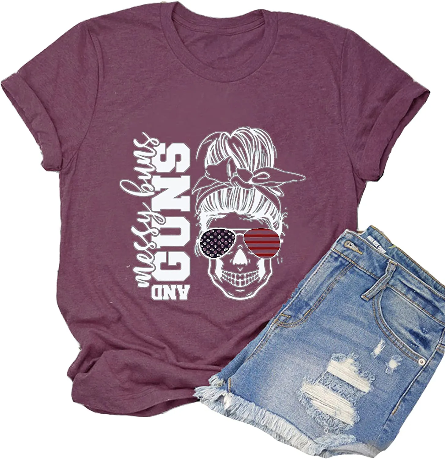 Women Messy Buns and Guns T-Shirt American Flag Skull Shirt