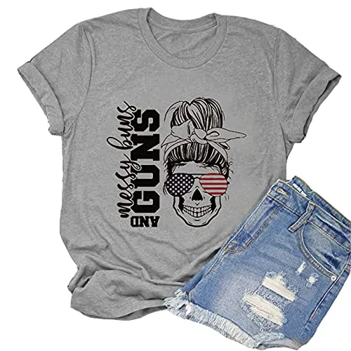 Women Messy Buns and Guns T-Shirt American Flag Skull Shirt