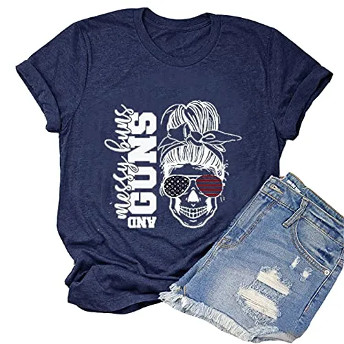 Women Messy Buns and Guns T-Shirt American Flag Skull Shirt