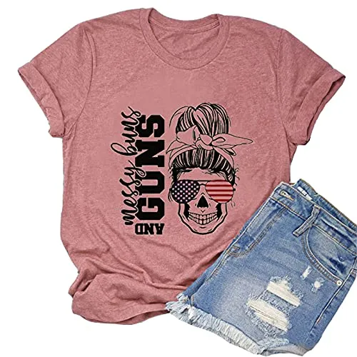 Women Messy Buns and Guns T-Shirt American Flag Skull Shirt