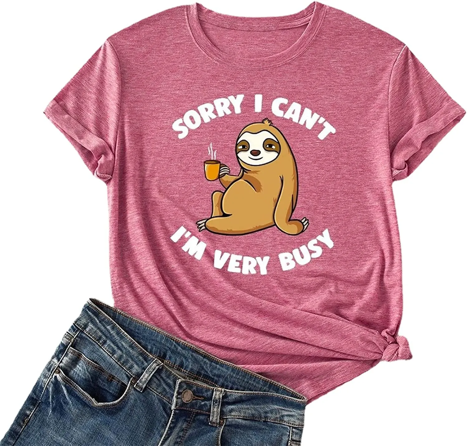 Women Sorry I Can't, I'm Very Busy Sloth Short Sleeve T-Shirt Sloth Coffee Shirt