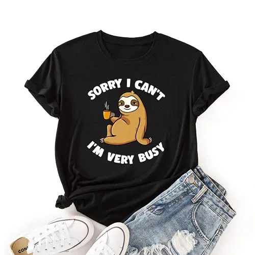 Women Sorry I Can't, I'm Very Busy Sloth Short Sleeve T-Shirt Sloth Coffee Shirt