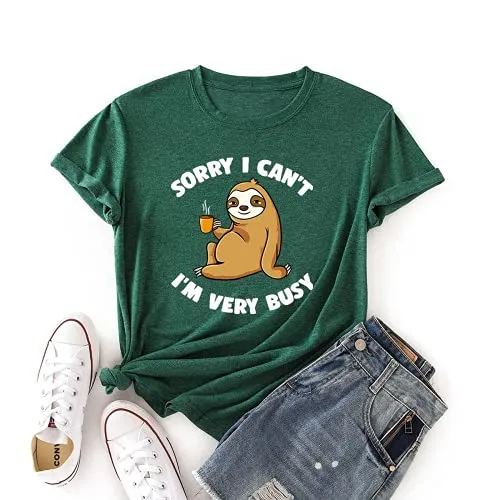 Women Sorry I Can't, I'm Very Busy Sloth Short Sleeve T-Shirt Sloth Coffee Shirt