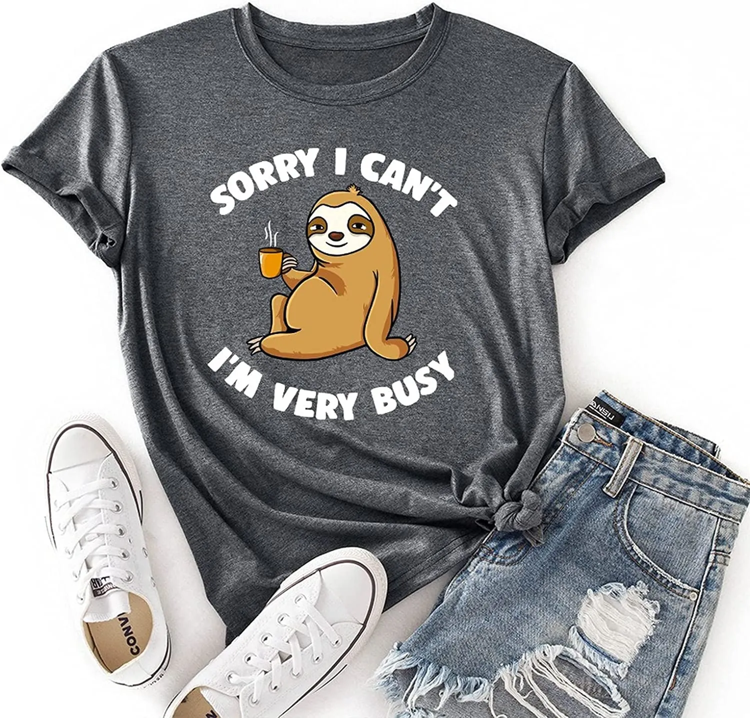 Women Sorry I Can't, I'm Very Busy Sloth Short Sleeve T-Shirt Sloth Coffee Shirt