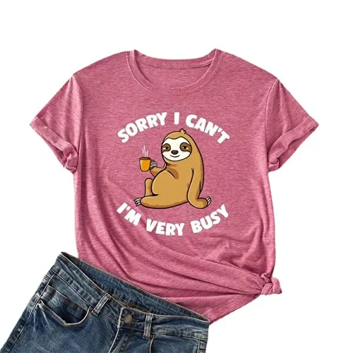 Women Sorry I Can't, I'm Very Busy Sloth Short Sleeve T-Shirt Sloth Coffee Shirt