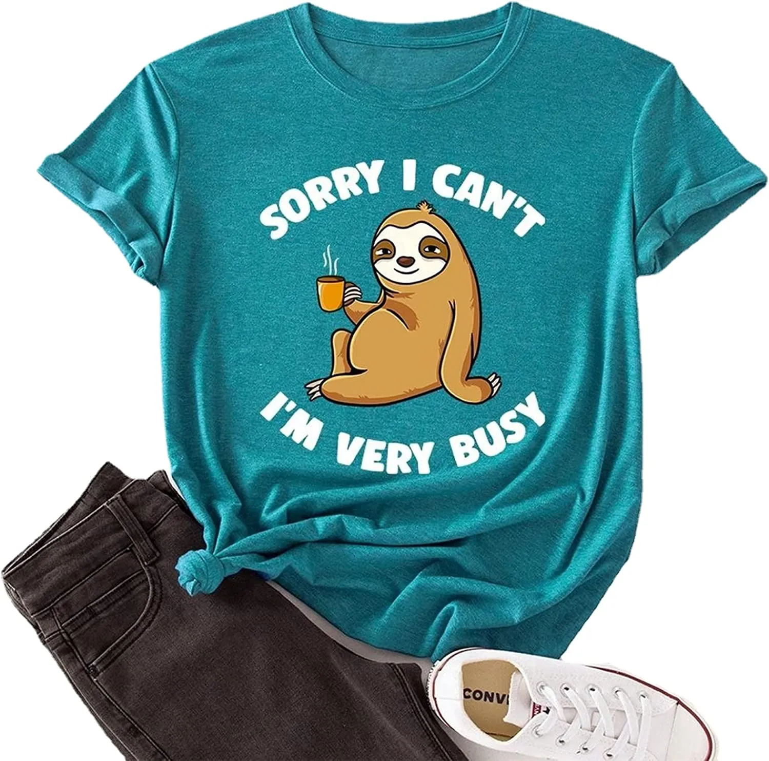 Women Sorry I Can't, I'm Very Busy Sloth Short Sleeve T-Shirt Sloth Coffee Shirt