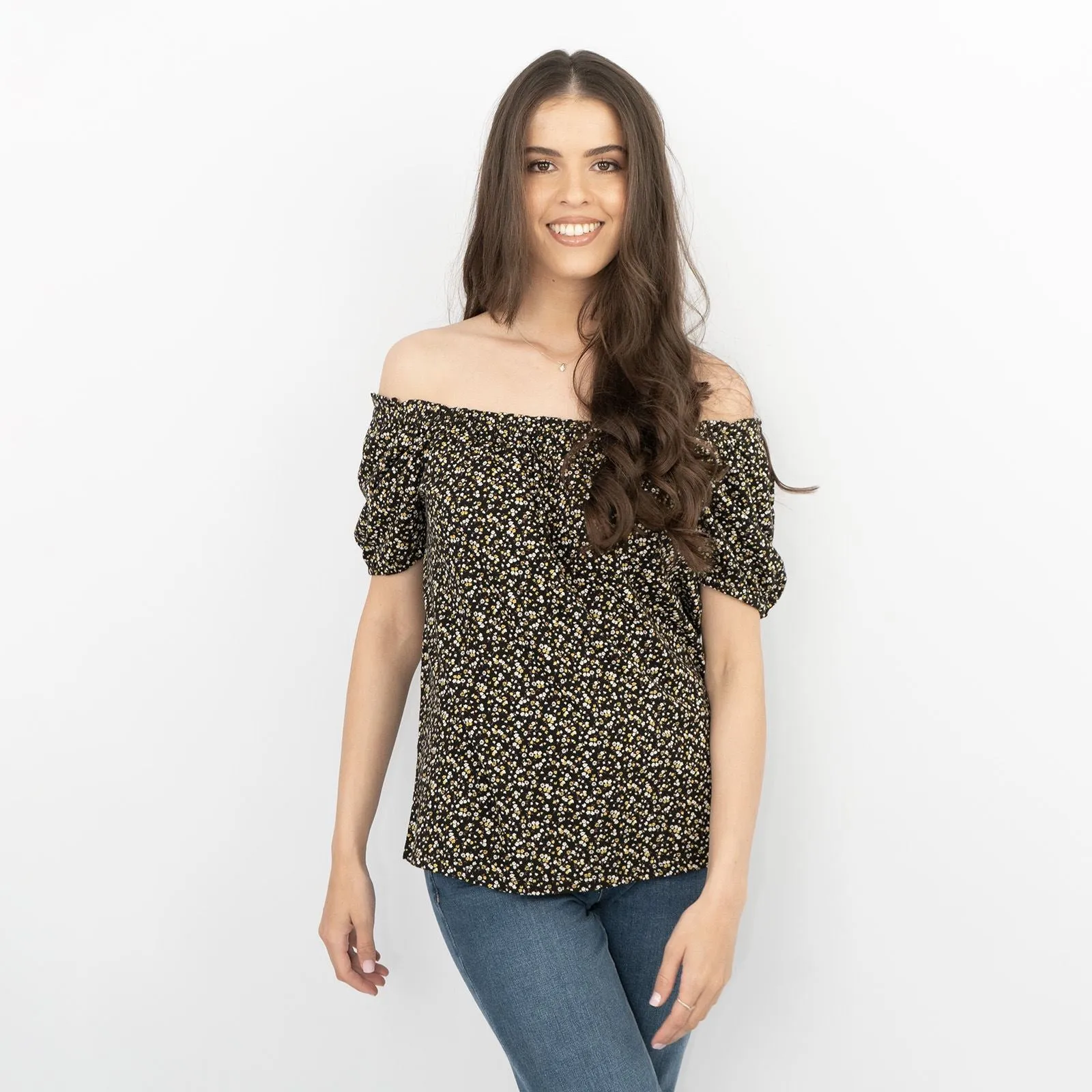 Womens Off Shoulder Black Ditsy Floral Casual Summer Jersey Tops