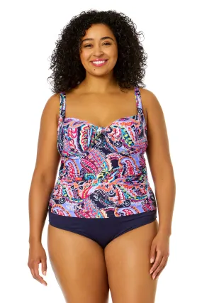 Women's Plus Size Paisley Parade Retro Twist Front Underwire Tankini Swim Top